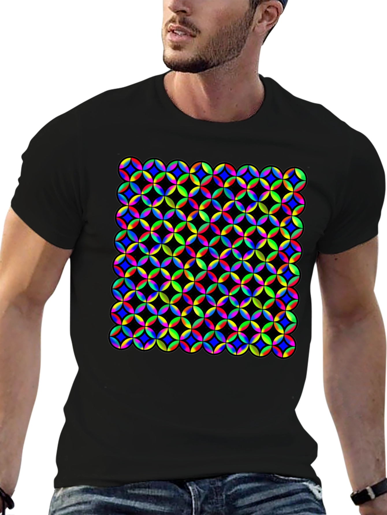 Vibrant Geometric Circle Pattern Black T-Shirt