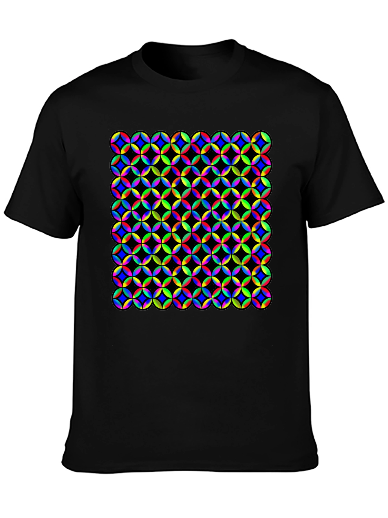 Vibrant Geometric Circle Pattern Black T-Shirt