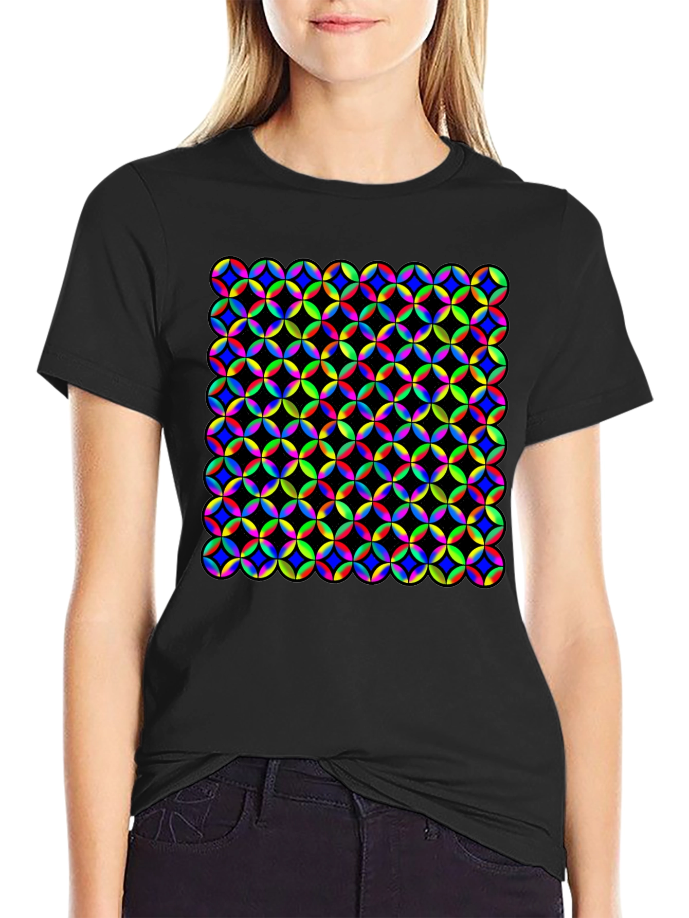 Vibrant Geometric Circle Pattern Black T-Shirt