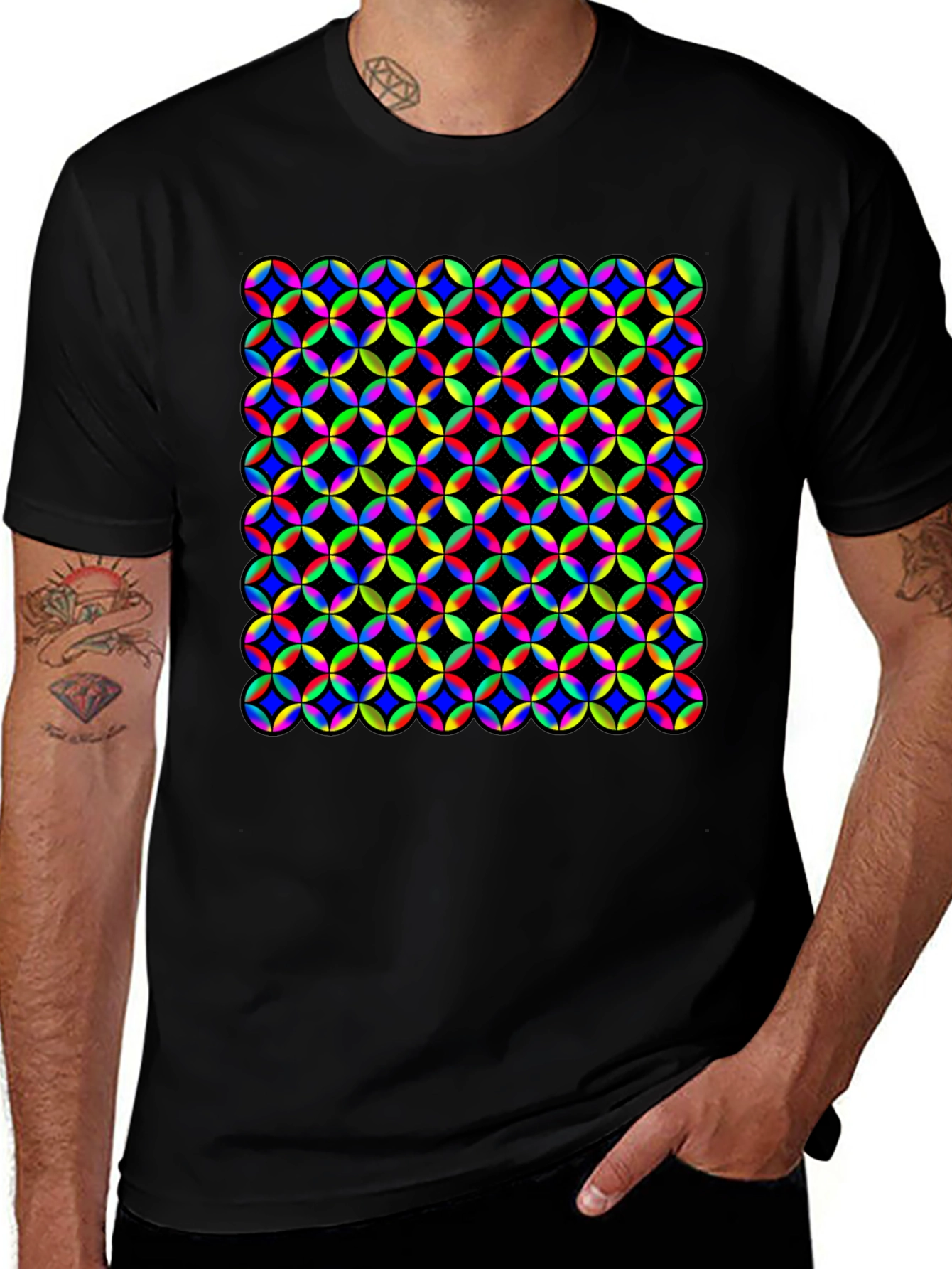 Vibrant Geometric Circle Pattern Black T-Shirt