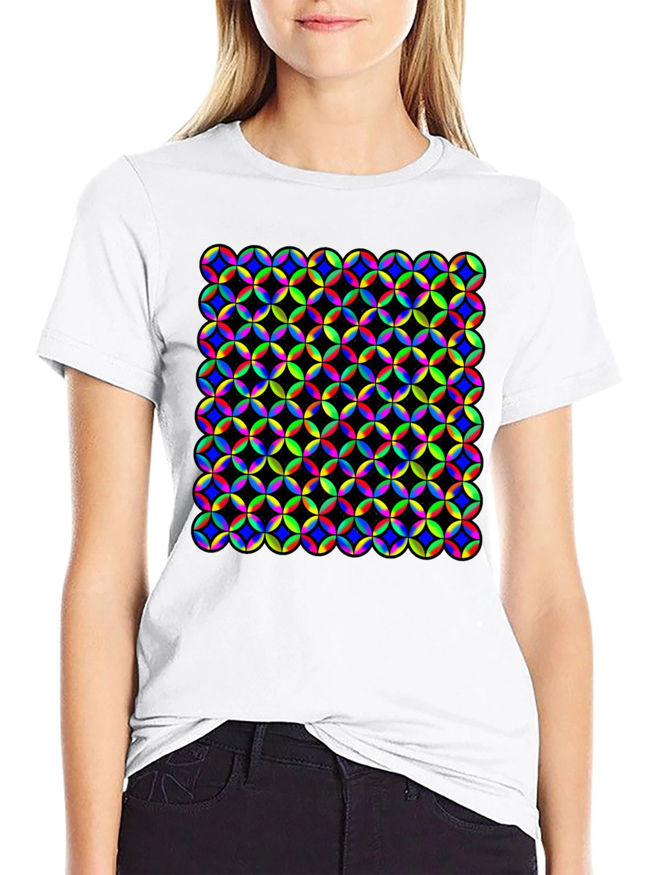 Vibrant Geometric Circle Pattern Black T-Shirt