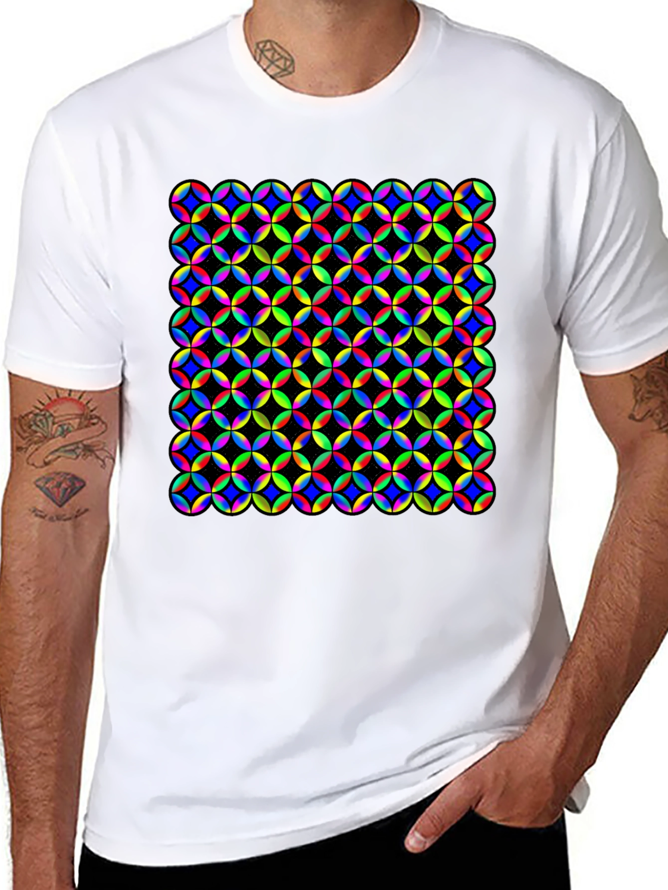 Vibrant Geometric Circle Pattern Black T-Shirt
