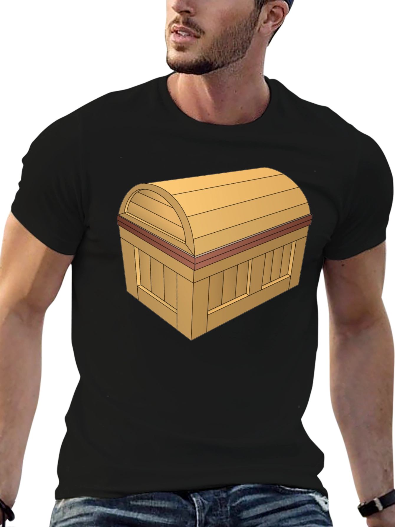 Cartoon Treasure Chest Graphic Tee - Black Cotton T-Shirt
