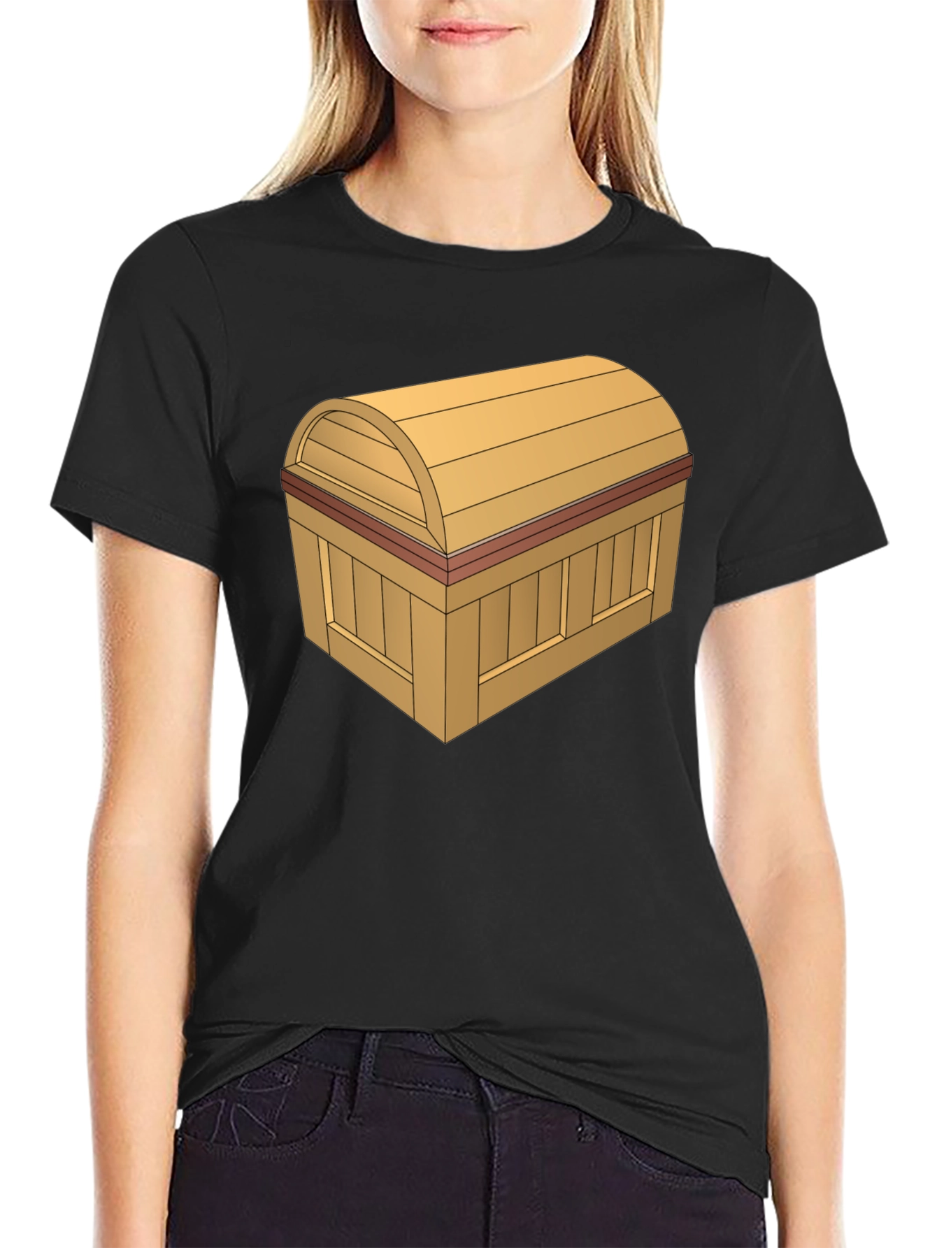 Cartoon Treasure Chest Graphic Tee - Black Cotton T-Shirt