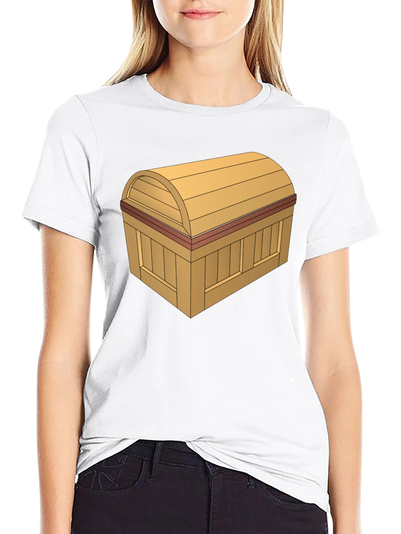 Cartoon Treasure Chest Graphic Tee - Black Cotton T-Shirt