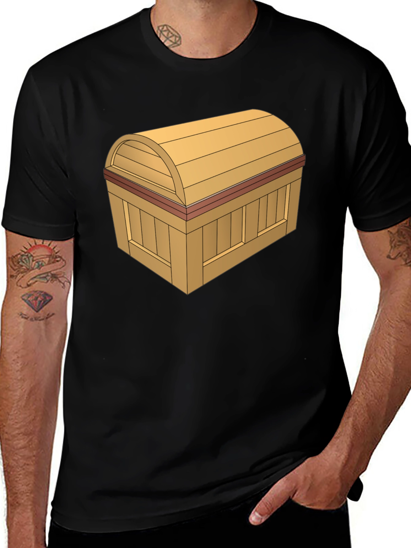 Cartoon Treasure Chest Graphic Tee - Black Cotton T-Shirt