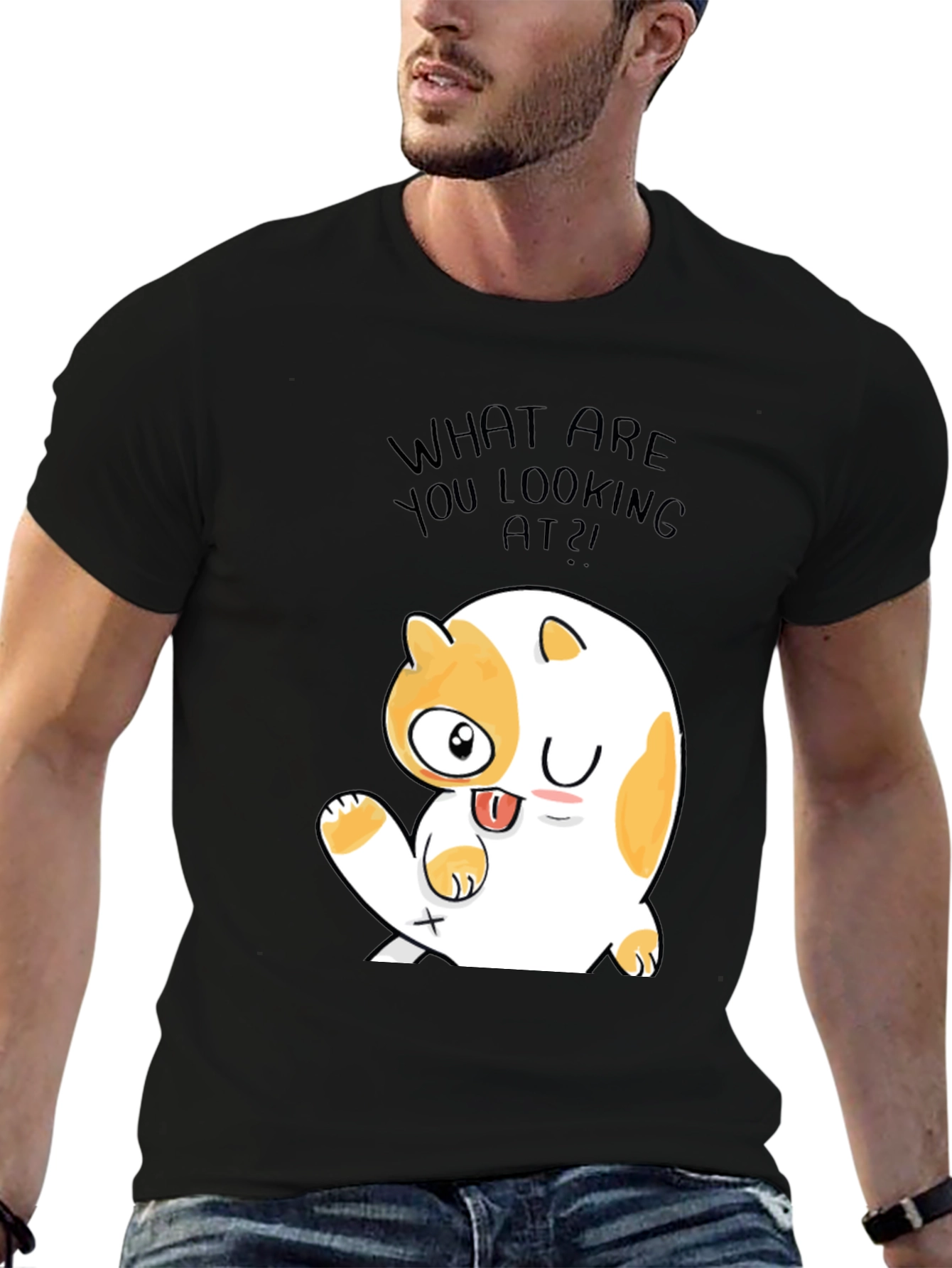 Funny Cat Graphic Mens Black T-Shirt