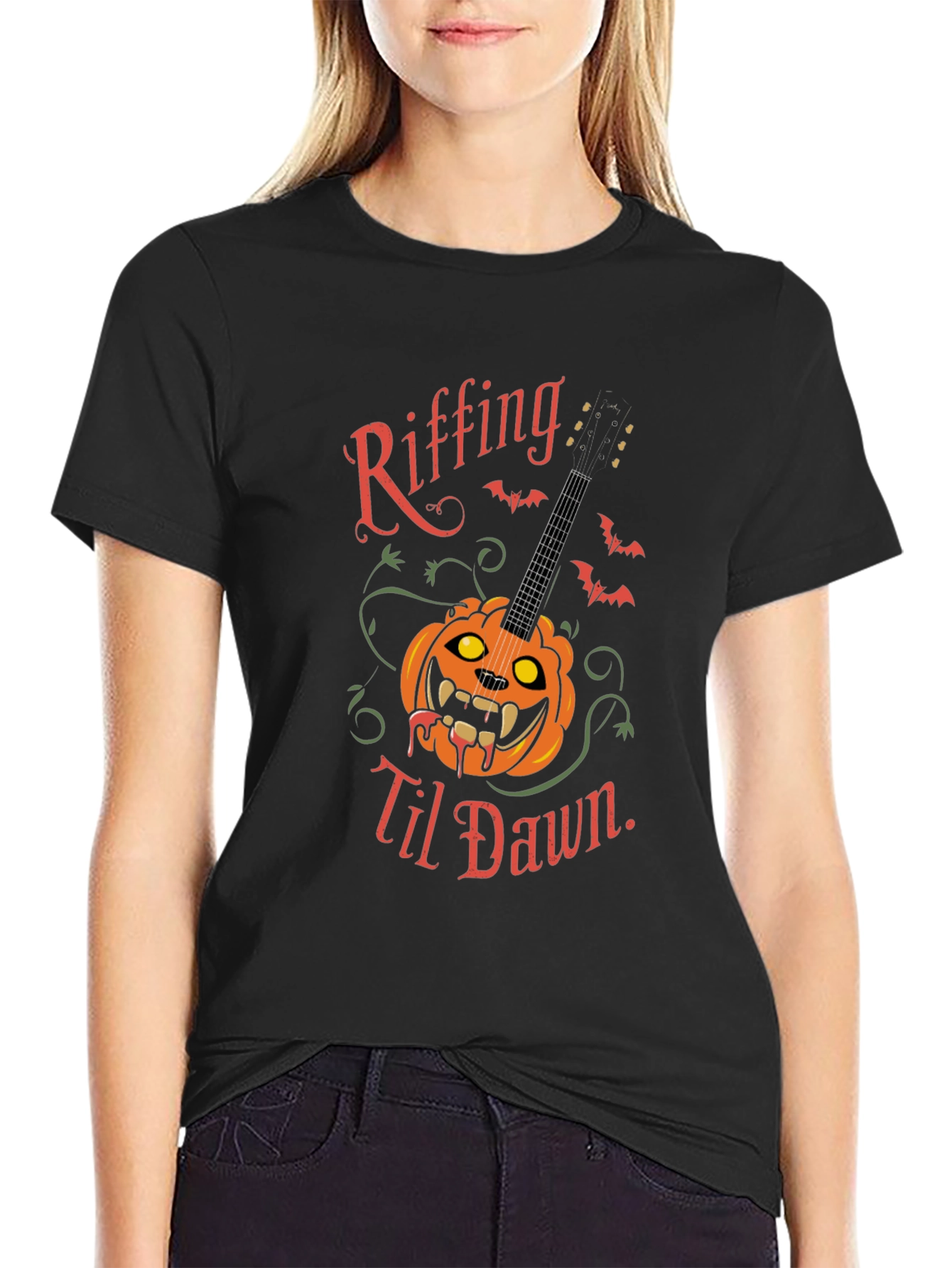 Riffing Til Dawn Halloween Guitar T-Shirt