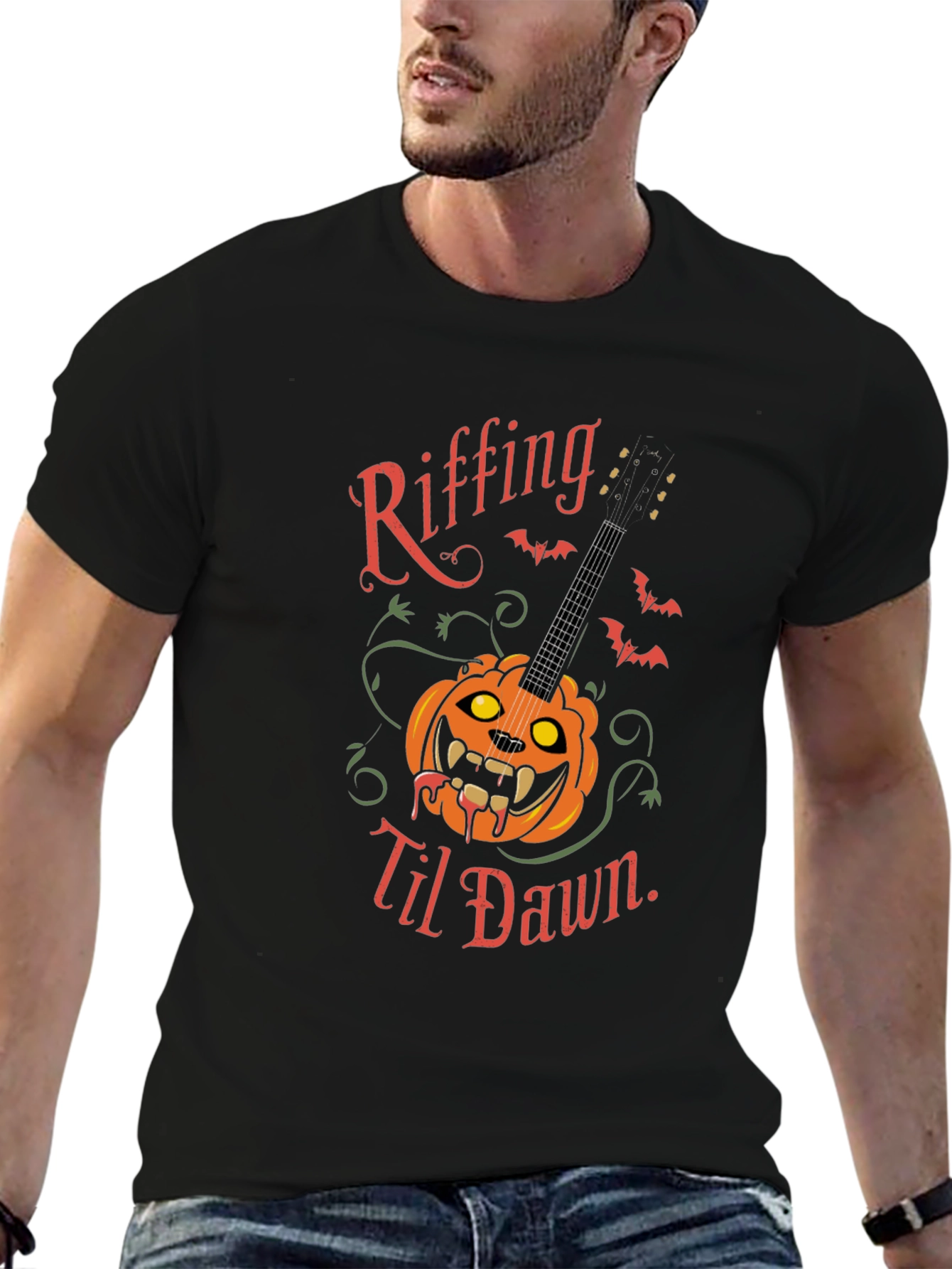 Riffing Til Dawn Halloween Guitar T-Shirt