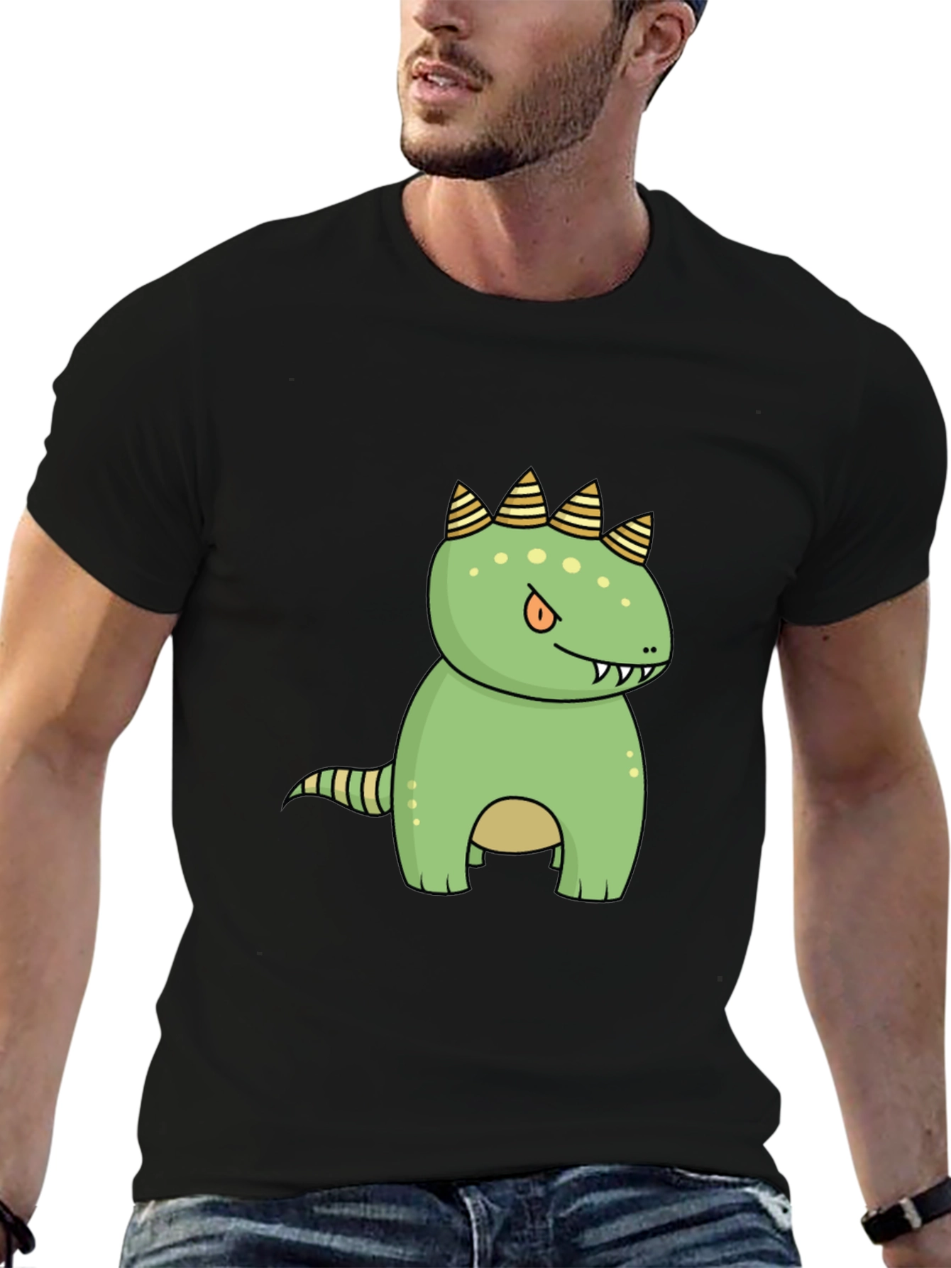 Cartoon Dinosaur Graphic Tee - Black