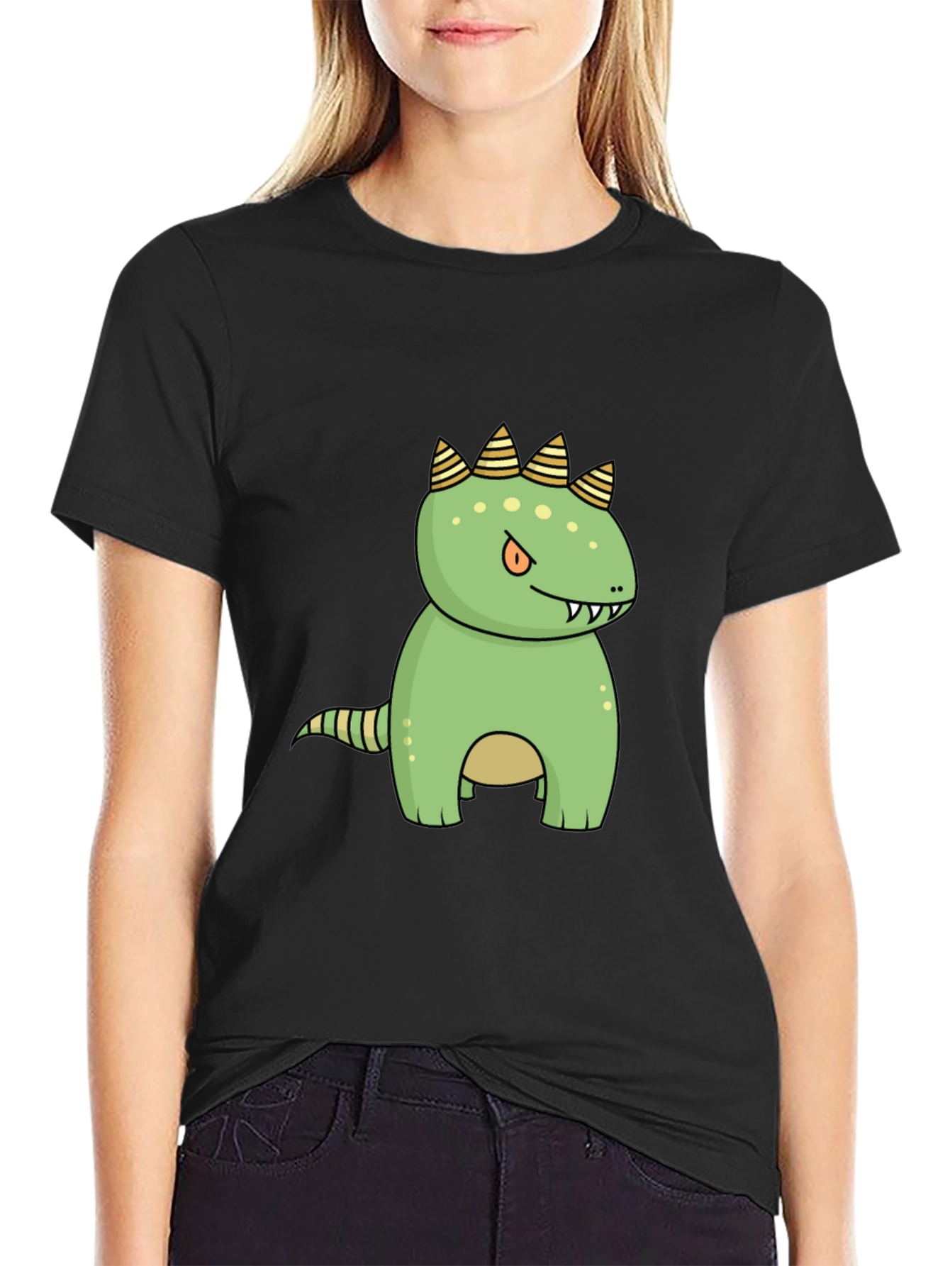 Cartoon Dinosaur Graphic Tee - Black