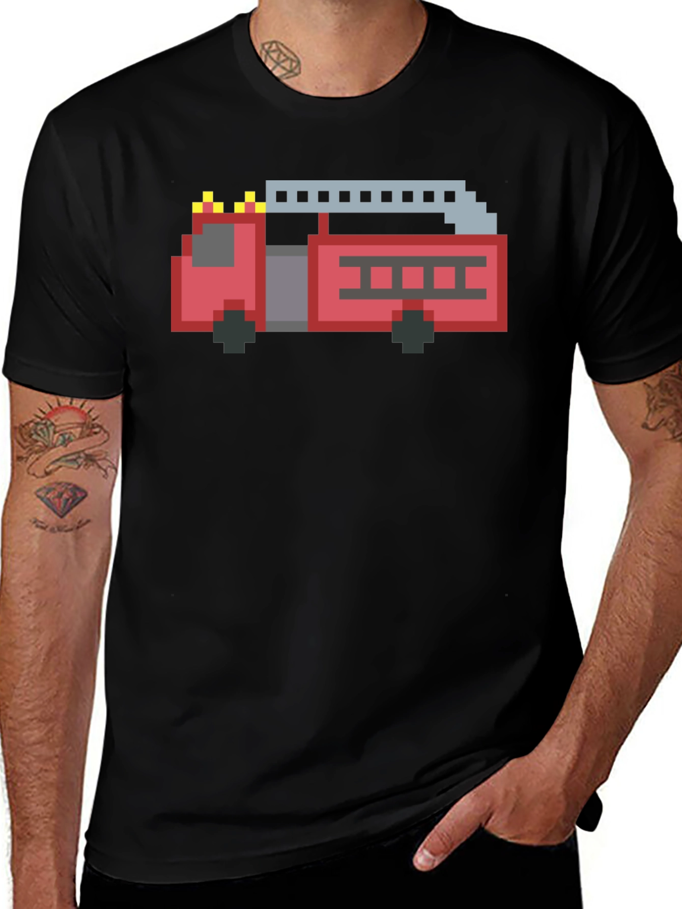 Pixel Fire Truck Graphic Tee - Black Cotton T-Shirt
