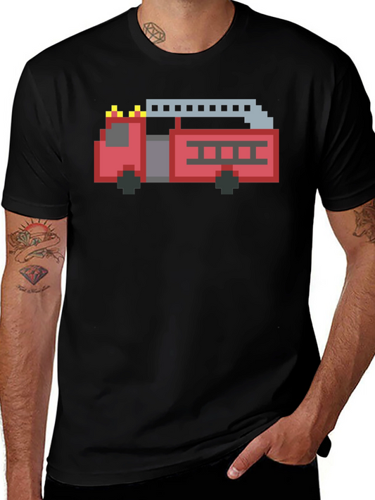 Pixel Fire Truck Graphic Tee - Black Cotton T-Shirt