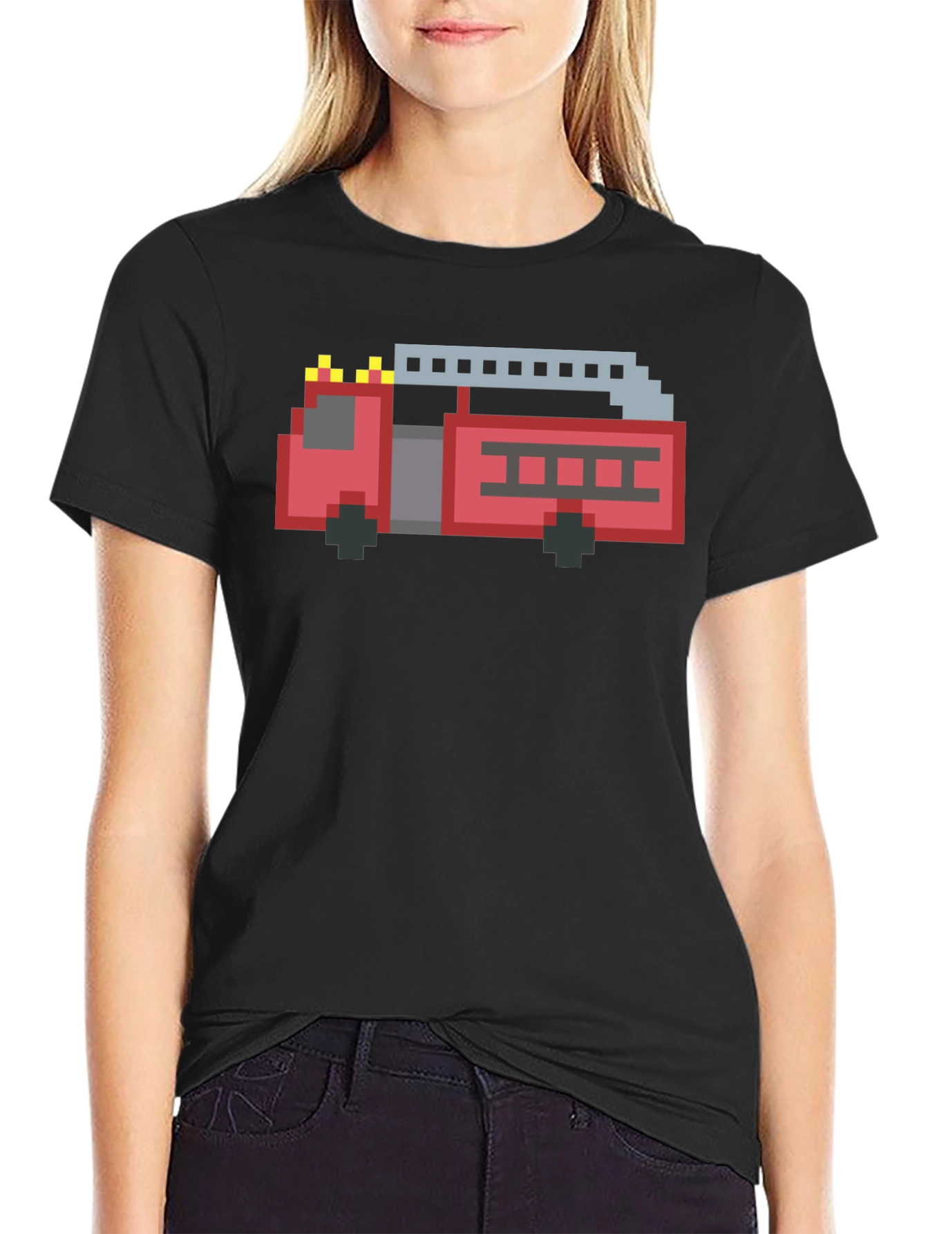 Pixel Fire Truck Graphic Tee - Black Cotton T-Shirt