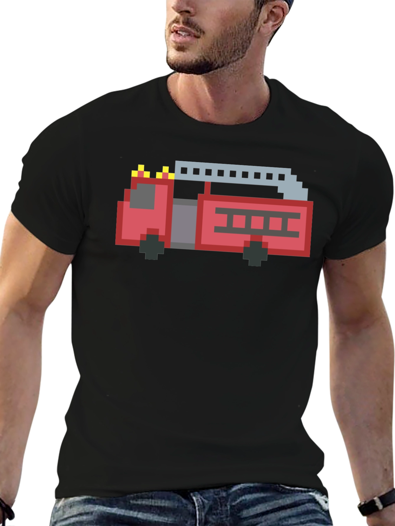 Pixel Fire Truck Graphic Tee - Black Cotton T-Shirt