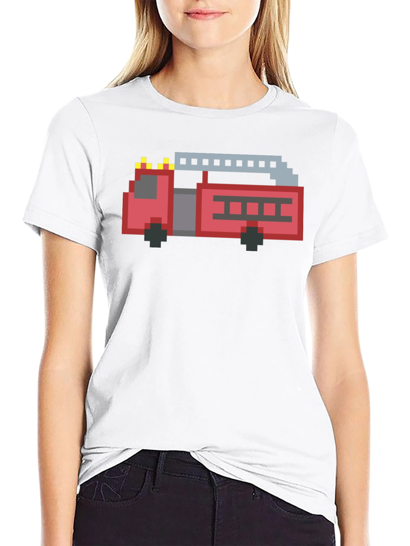 Pixel Fire Truck Graphic Tee - Black Cotton T-Shirt