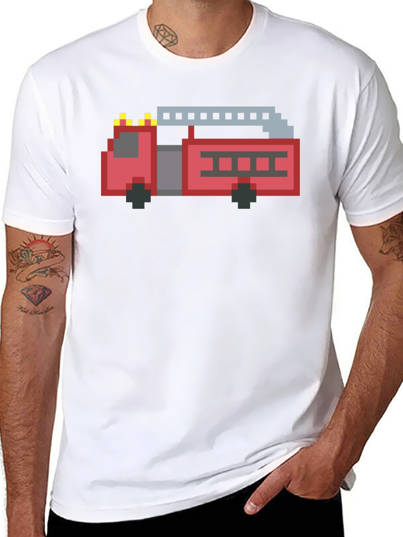 Pixel Fire Truck Graphic Tee - Black Cotton T-Shirt
