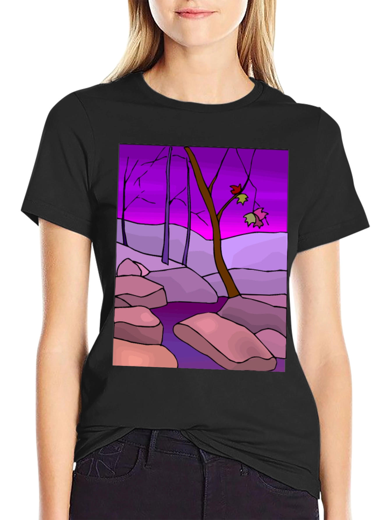 Artistic Landscape Print Black T-Shirt