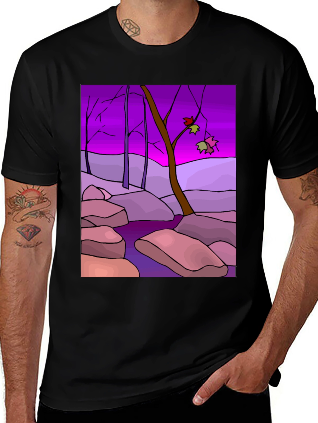 Artistic Landscape Print Black T-Shirt
