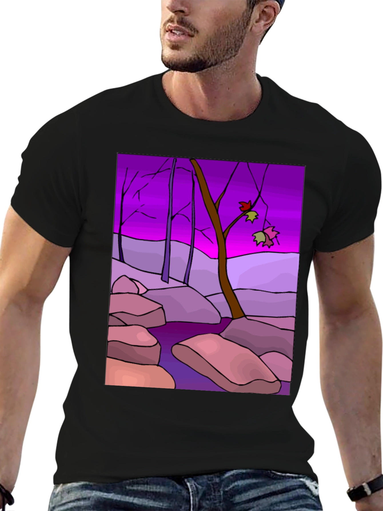 Artistic Landscape Print Black T-Shirt
