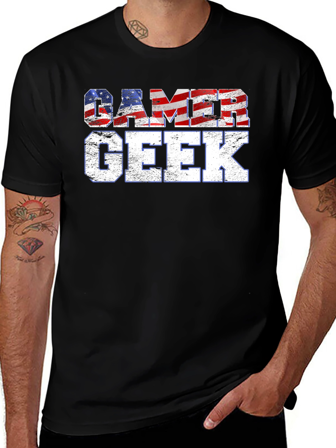 Gamer Geek USA Flag Graphic Black T-Shirt