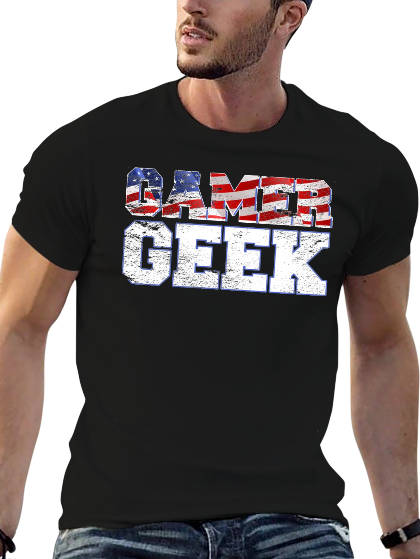 Gamer Geek USA Flag Graphic Black T-Shirt