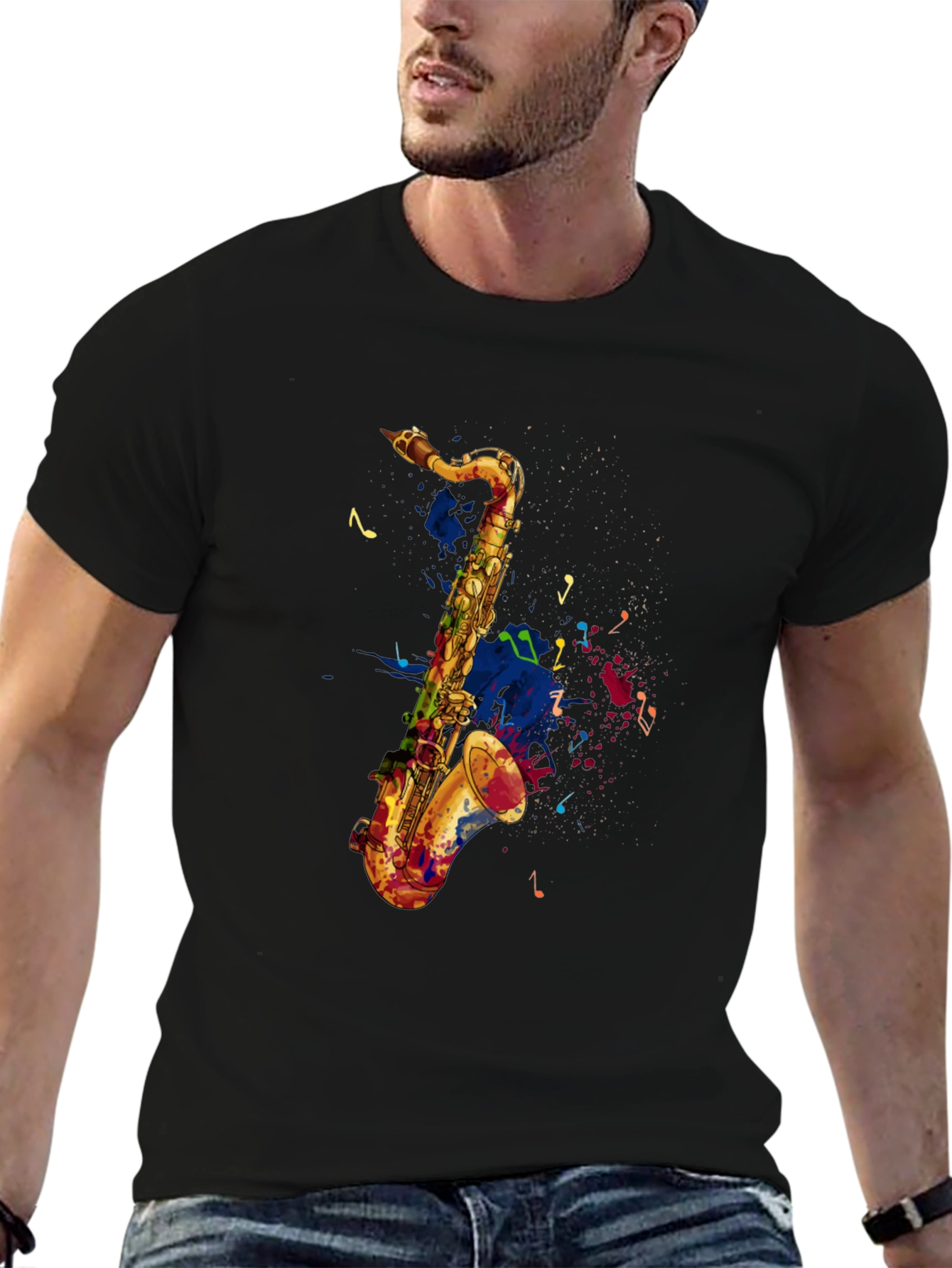 Saxophone Graphic Print Mens Black T-Shirt