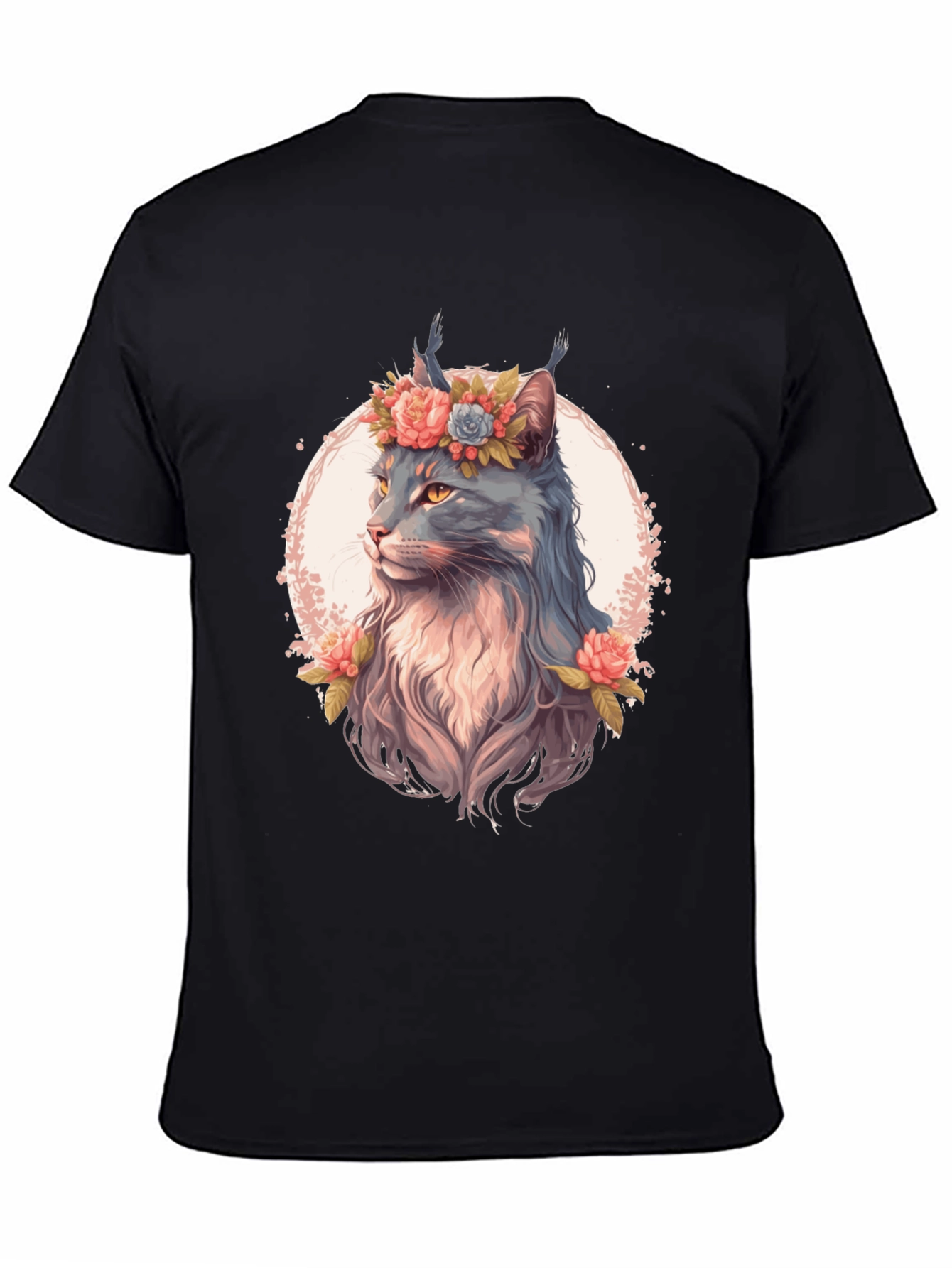 Floral Cat Graphic T-Shirt - Unisex Black Tee
