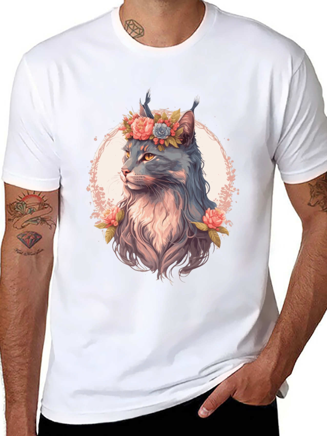 Floral Cat Graphic T-Shirt - Unisex Black Tee