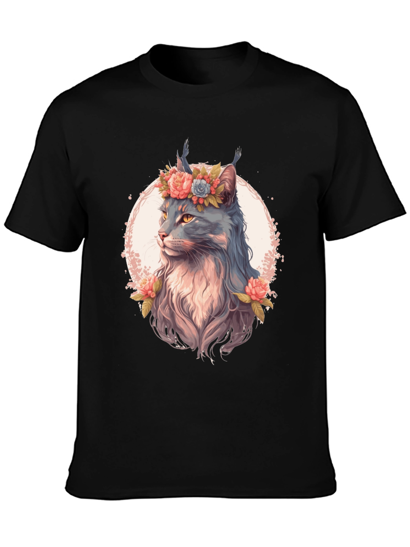 Floral Cat Graphic T-Shirt - Unisex Black Tee