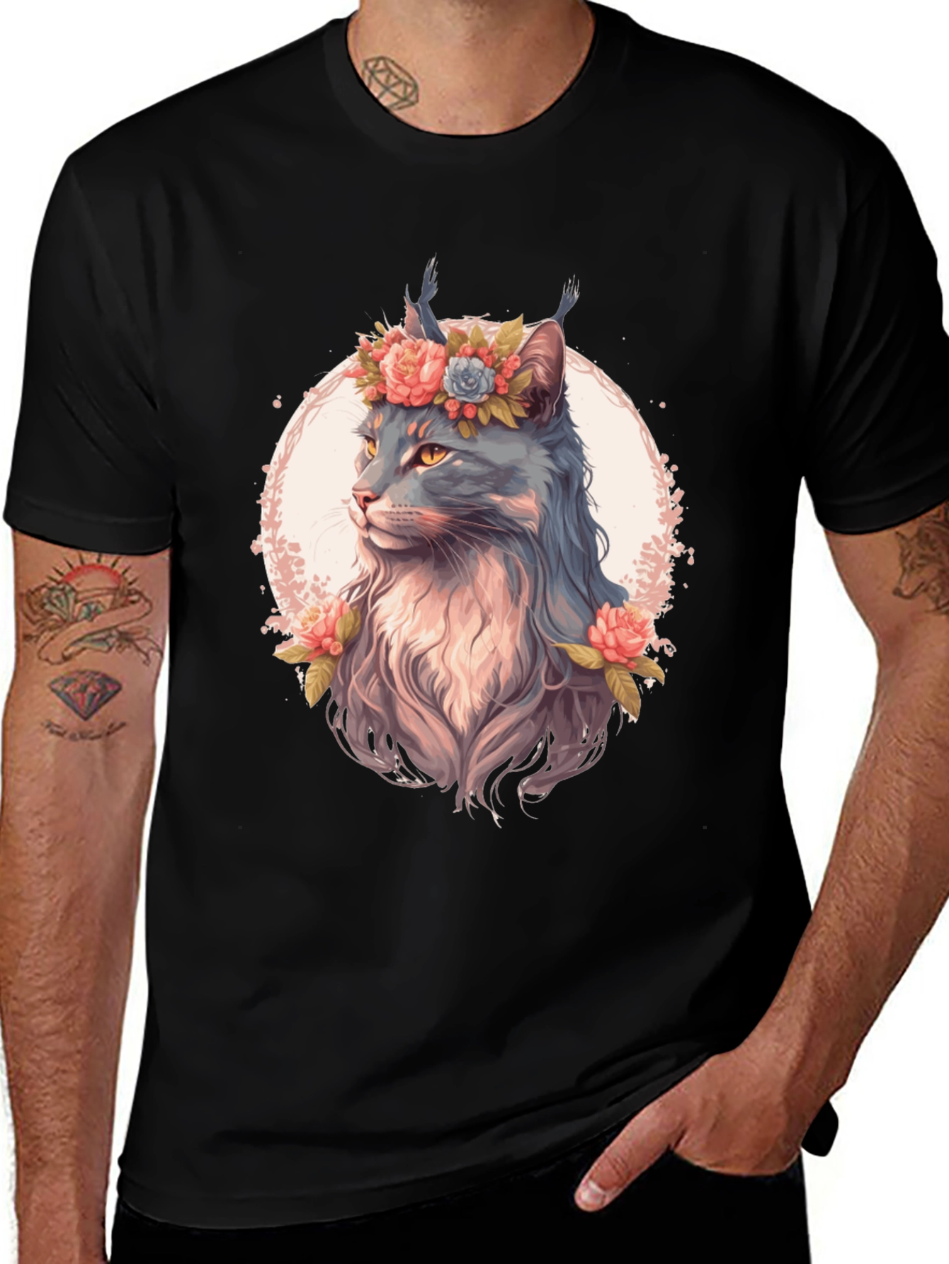Floral Cat Graphic T-Shirt - Unisex Black Tee