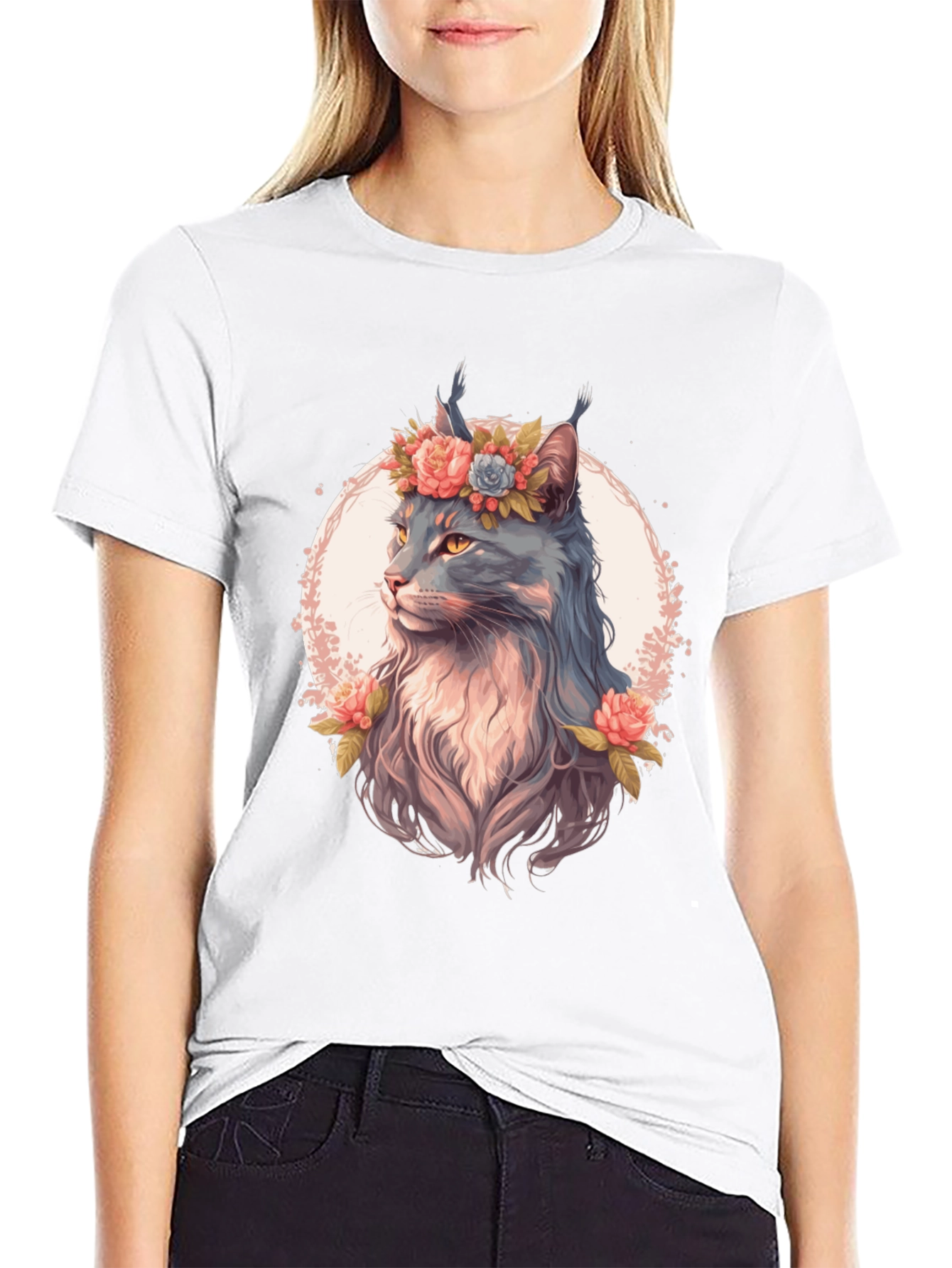 Floral Cat Graphic T-Shirt - Unisex Black Tee