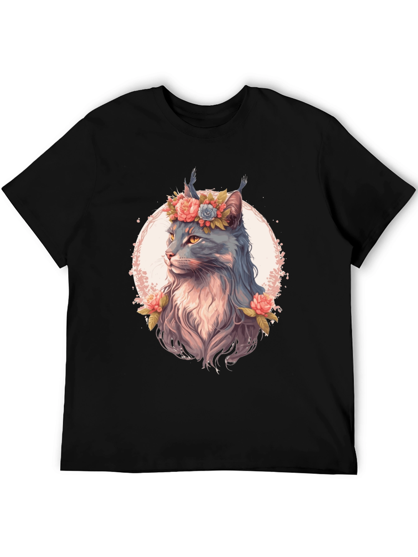 Floral Cat Graphic T-Shirt - Unisex Black Tee