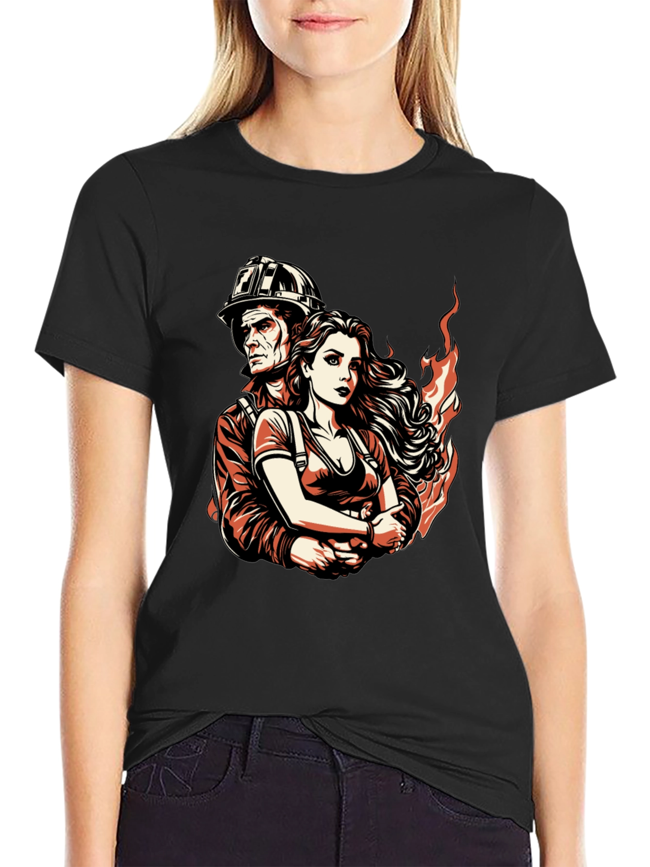 Firefighter Couple Graphic Tee - Black Cotton T-Shirt