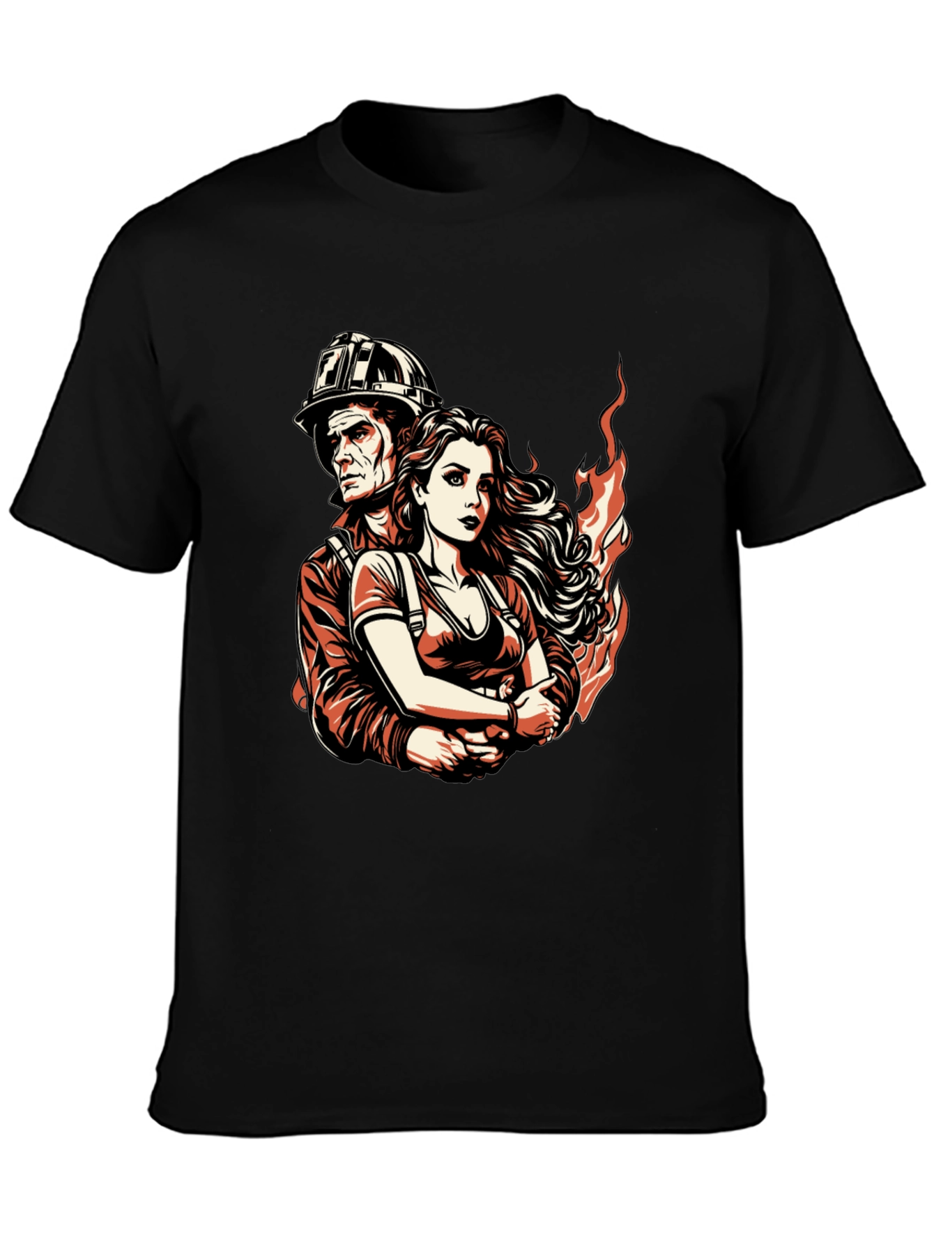 Firefighter Couple Graphic Tee - Black Cotton T-Shirt