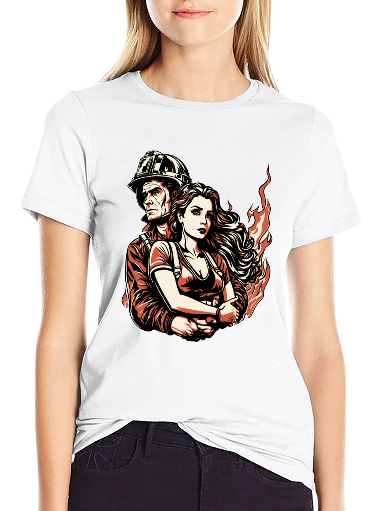Firefighter Couple Graphic Tee - Black Cotton T-Shirt