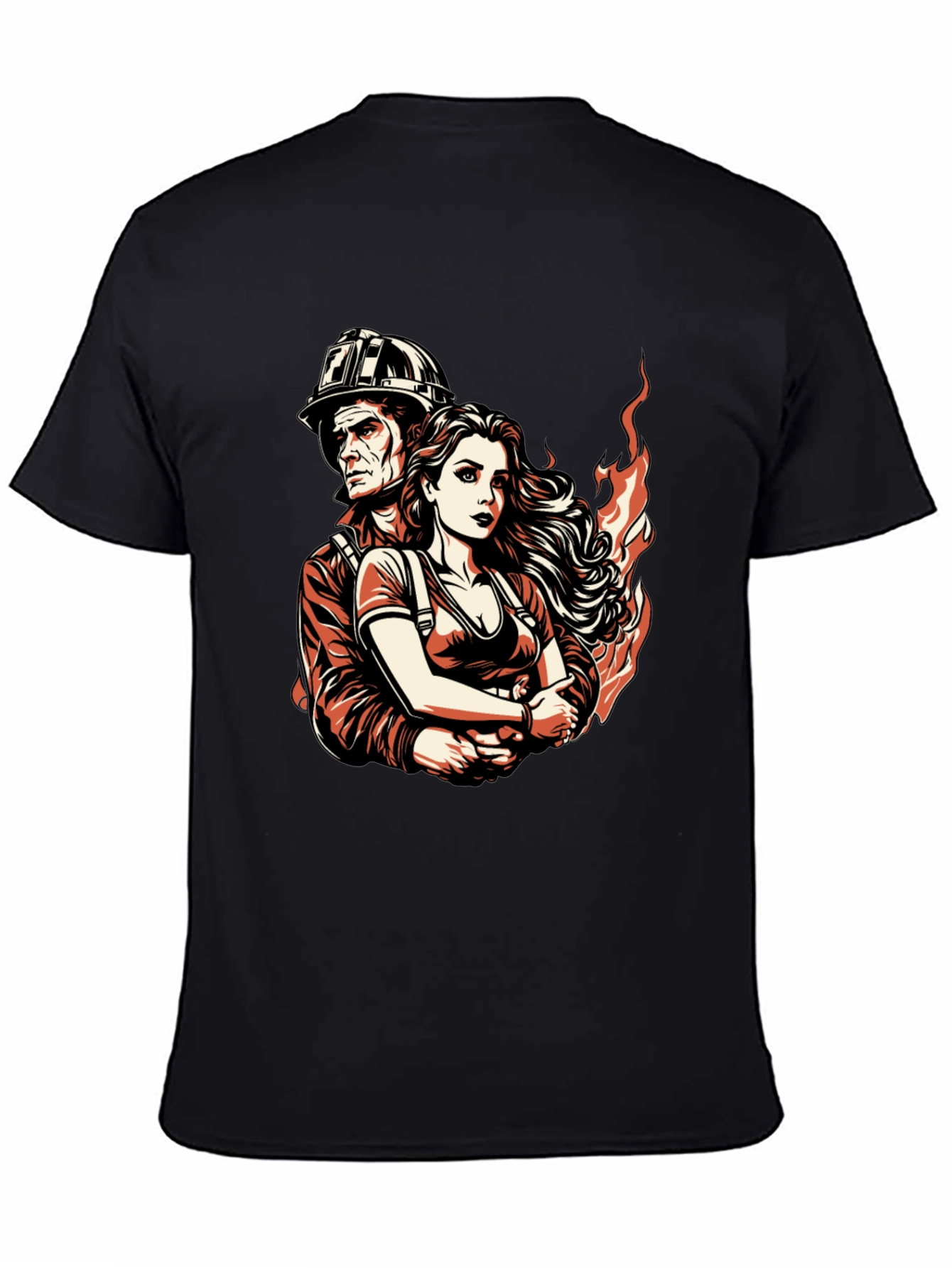 Firefighter Couple Graphic Tee - Black Cotton T-Shirt