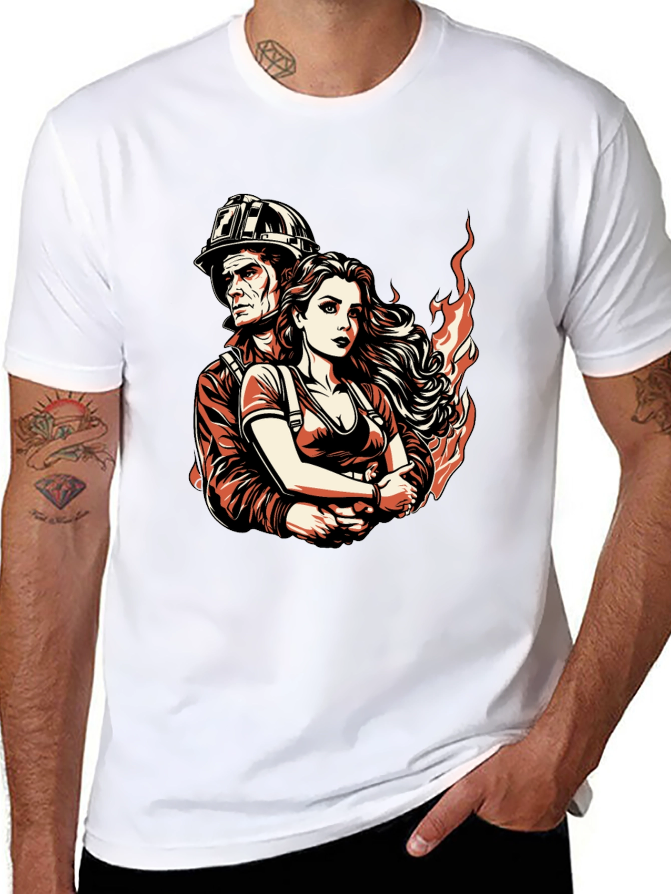 Firefighter Couple Graphic Tee - Black Cotton T-Shirt