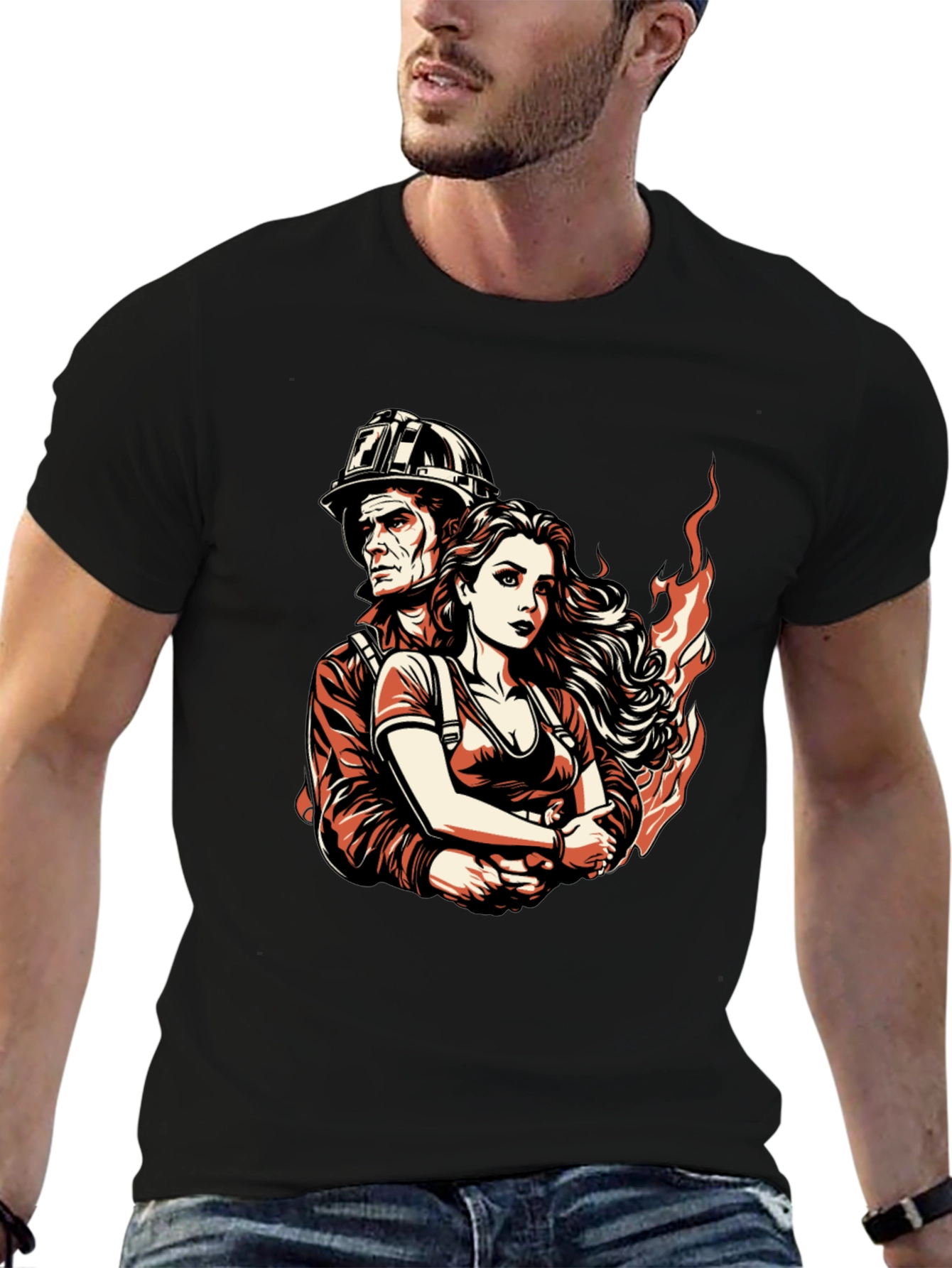 Firefighter Couple Graphic Tee - Black Cotton T-Shirt