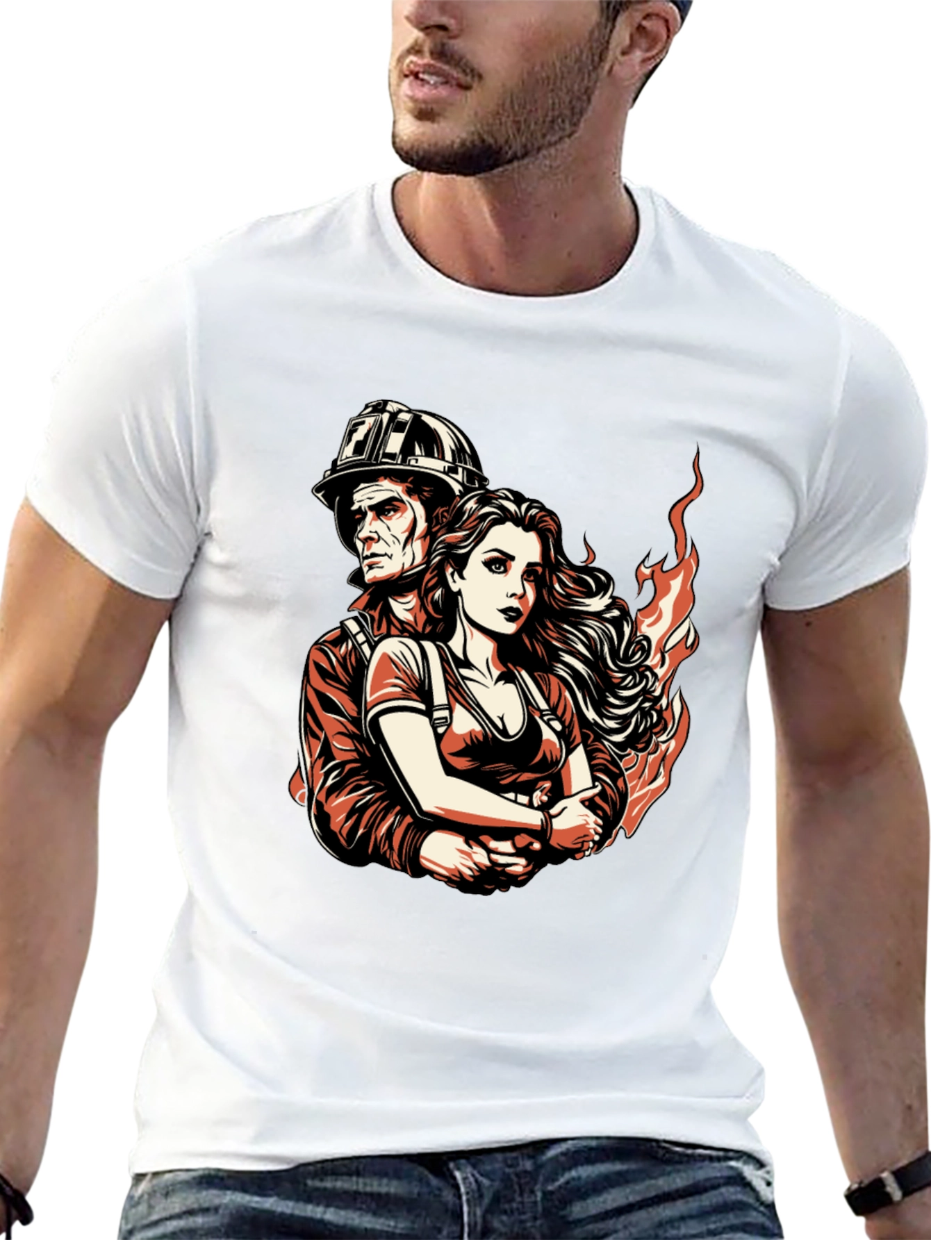 Firefighter Couple Graphic Tee - Black Cotton T-Shirt