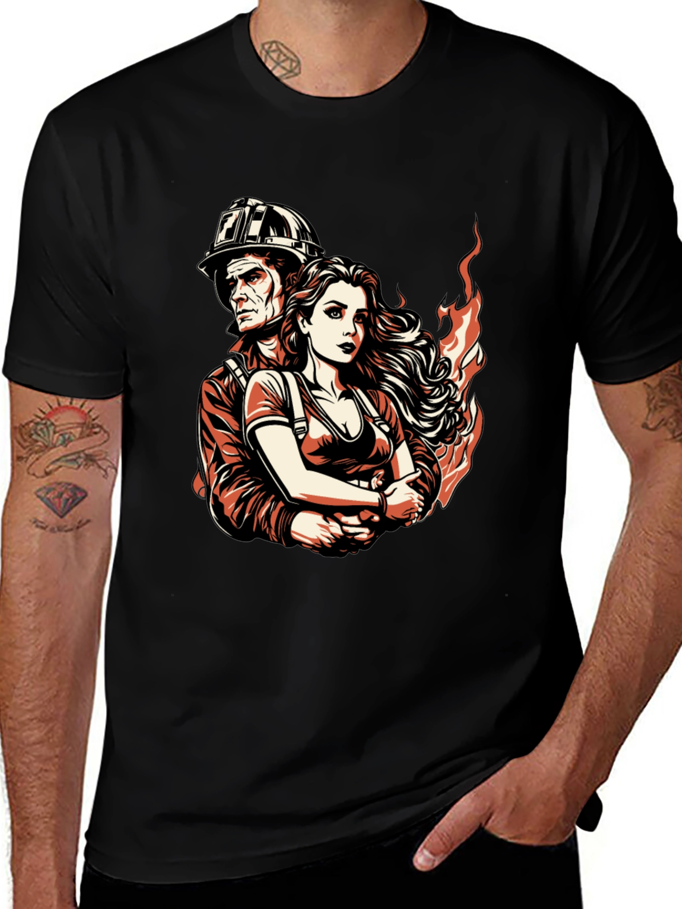 Firefighter Couple Graphic Tee - Black Cotton T-Shirt