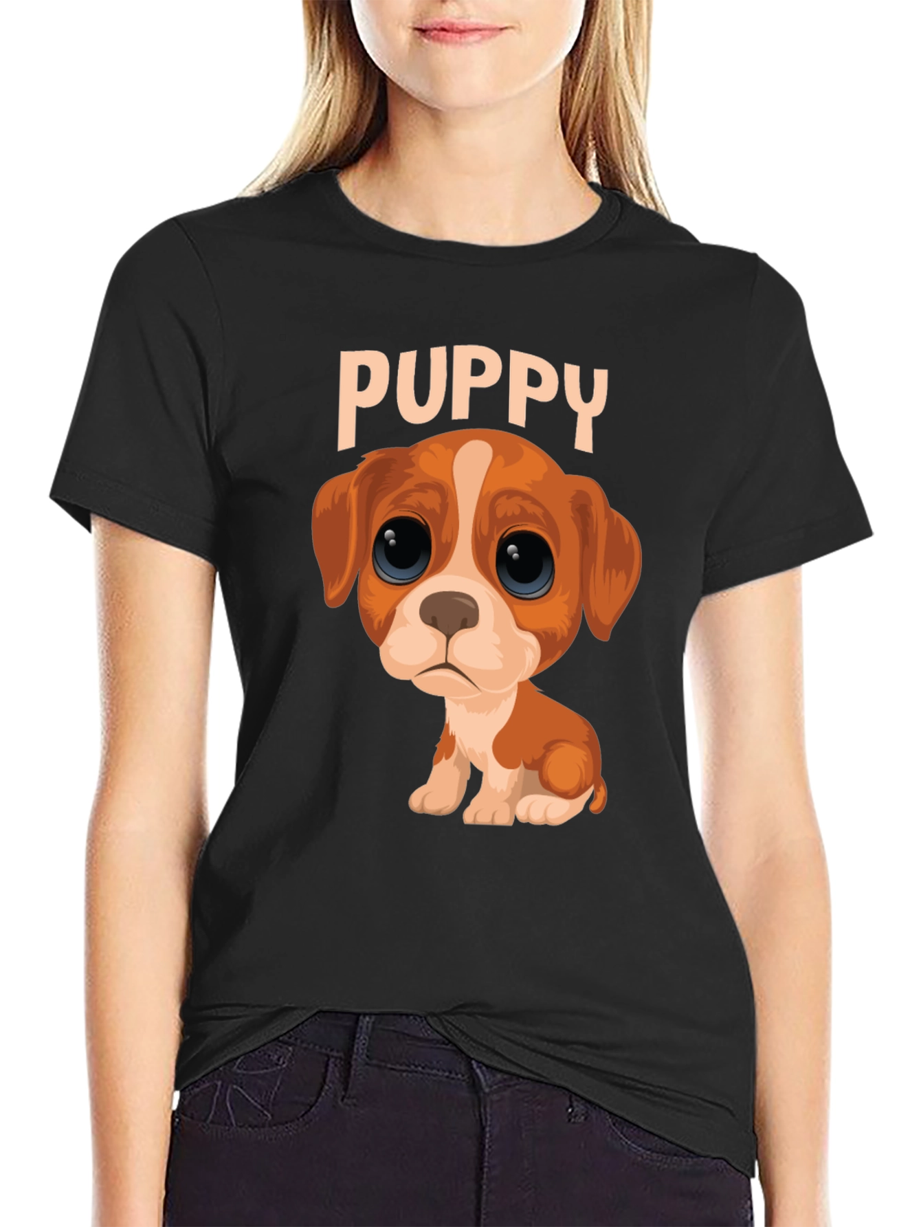 Cute Puppy Graphic Black T-Shirt
