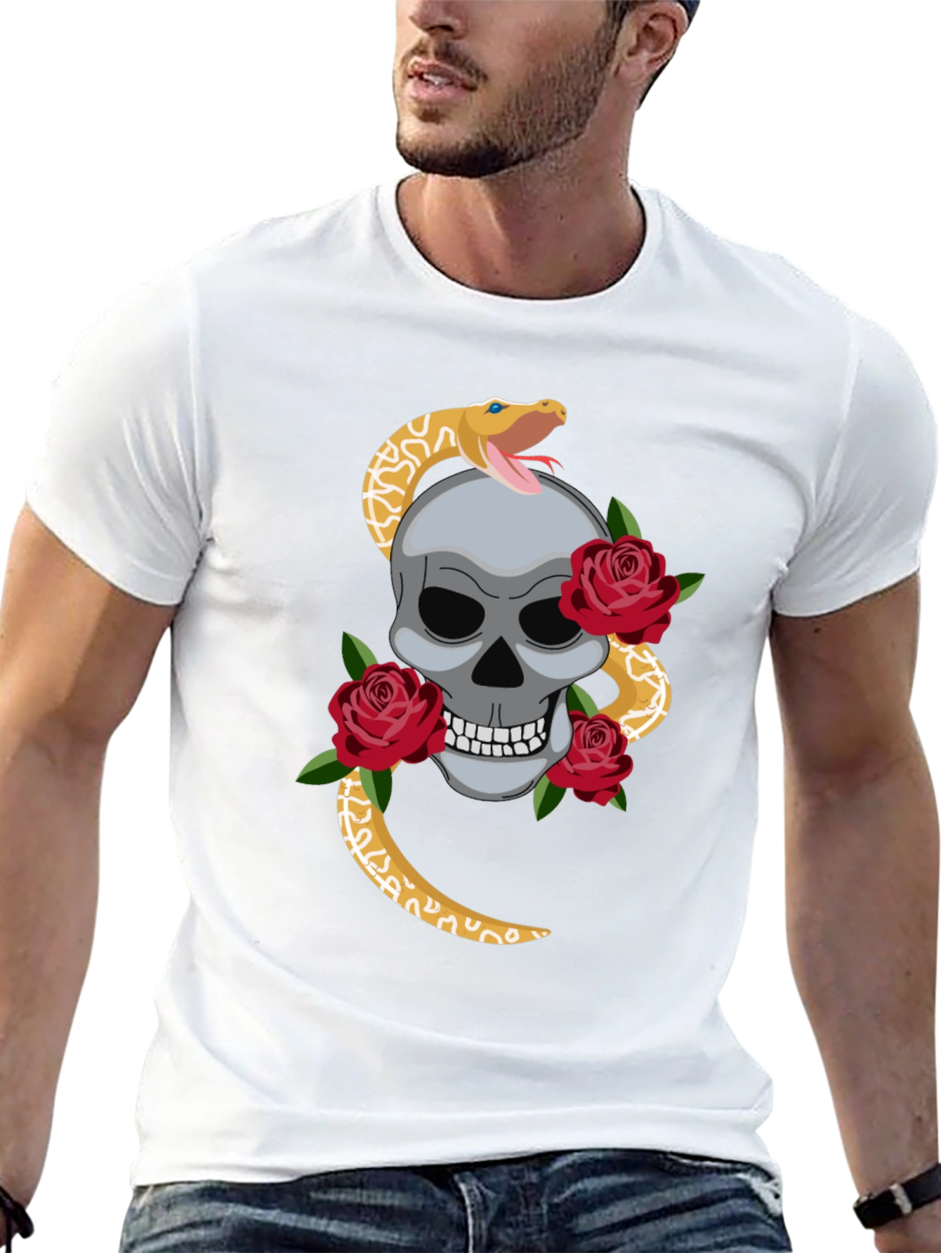 Skull Snake & Roses Graphic Tee - Black