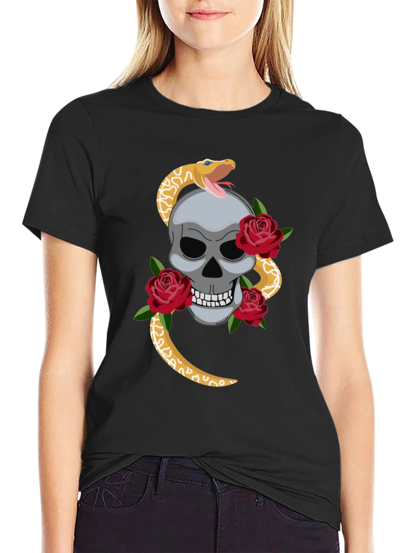 Skull Snake & Roses Graphic Tee - Black