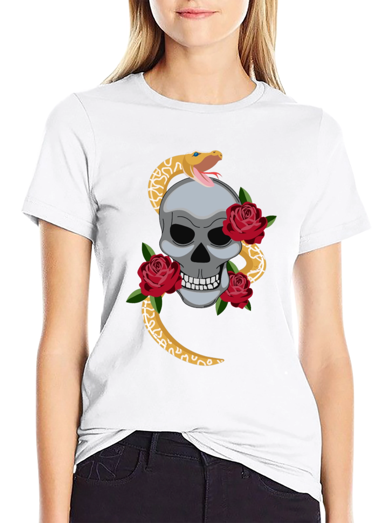 Skull Snake & Roses Graphic Tee - Black