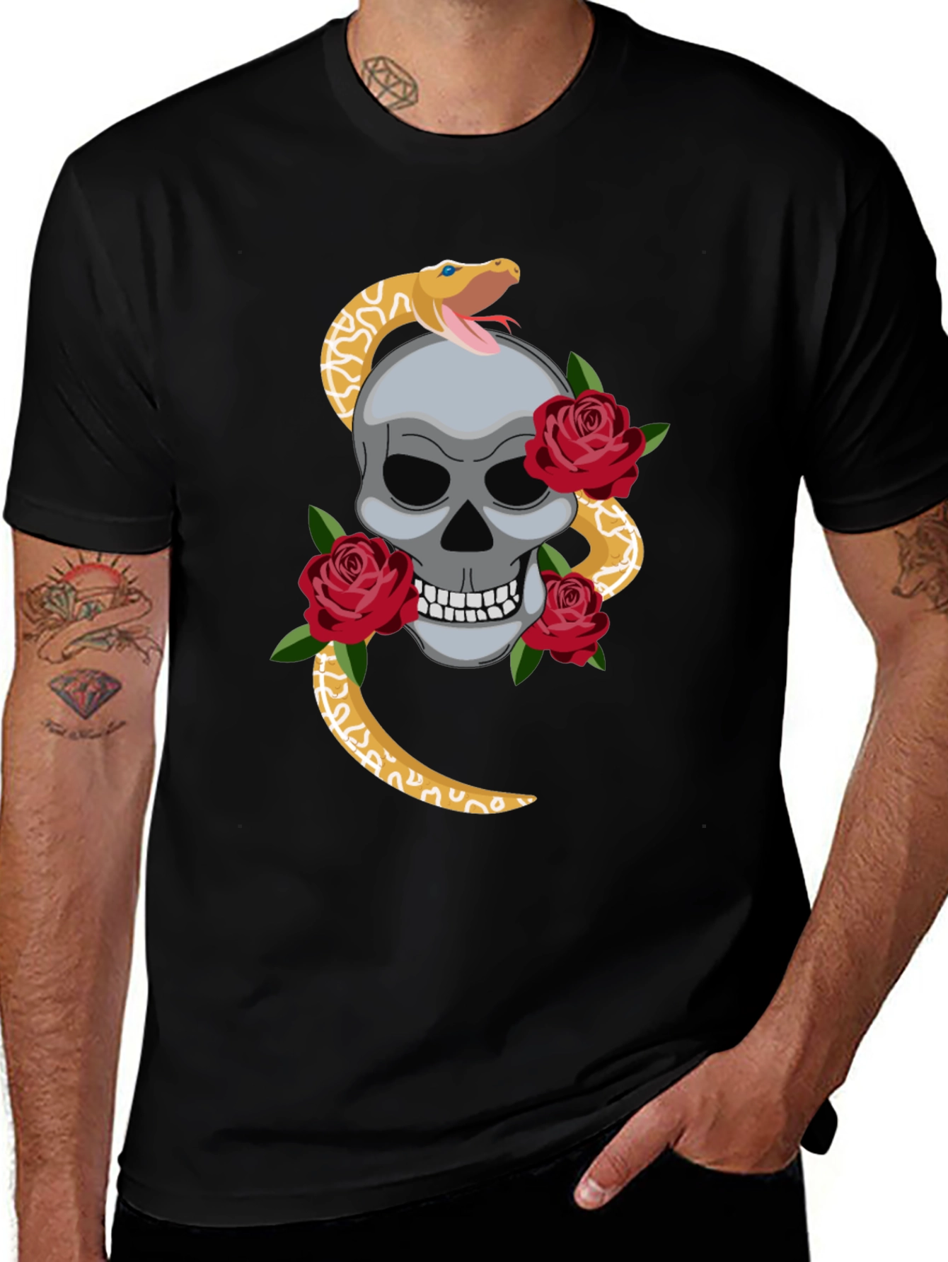 Skull Snake & Roses Graphic Tee - Black