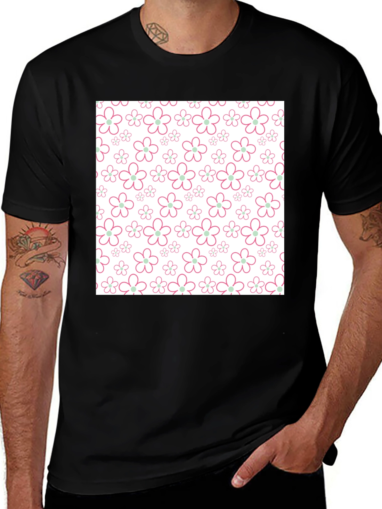 Floral Pattern T-Shirt - Black