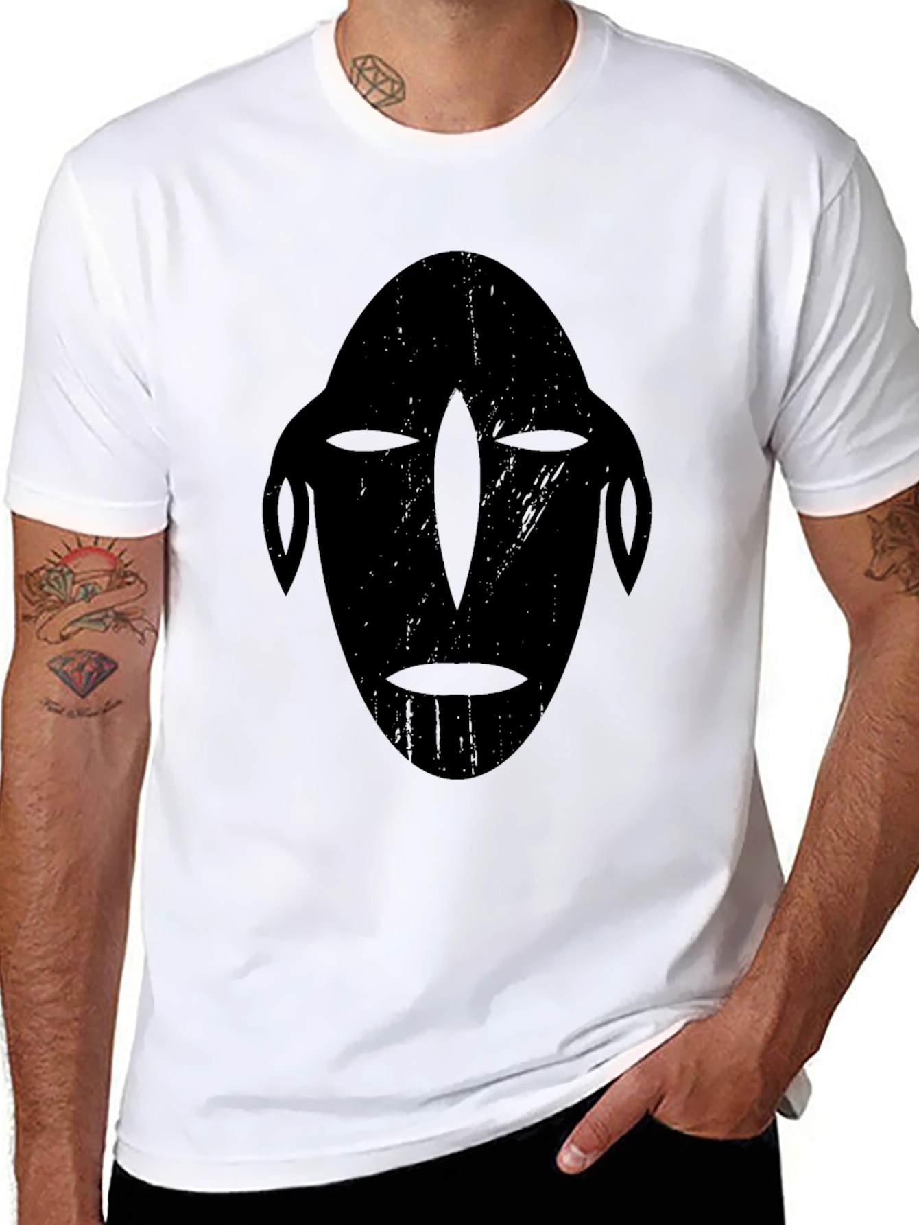 Tribal Mask Graphic Tee - Black Cotton T-Shirt