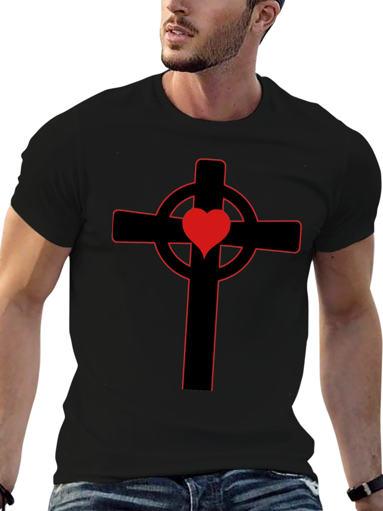 Black T-Shirt with Red Heart Celtic Cross