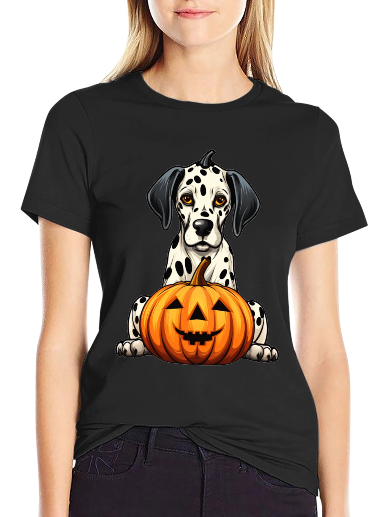 Halloween Dalmatian Dog with Pumpkin Black T-Shirt